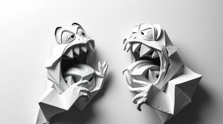 A hilarious gross-out comedy scene, uniquely rendered in intricate black and white origami.  The film showcases elegant folde