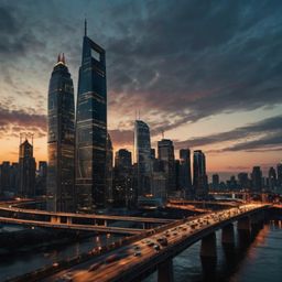 Capture the essence of a modern metropolis at dusk with this stunning image featuring illuminated skyscrapers, a majestic bri