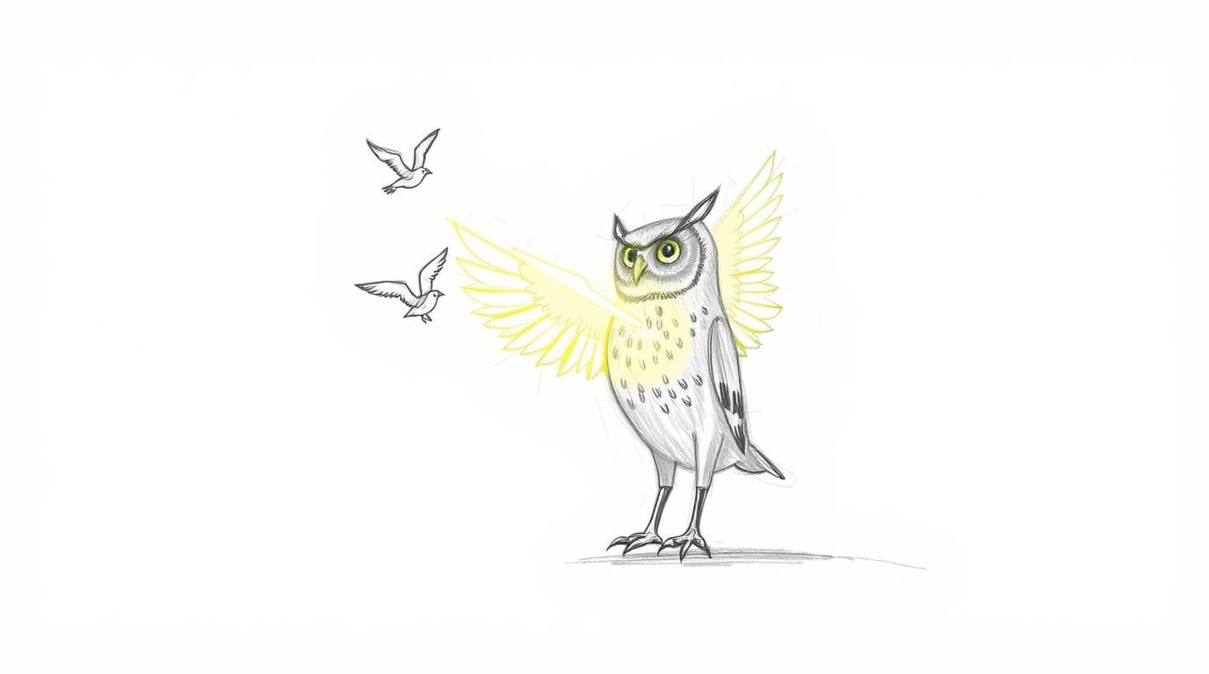 A heartwarming, Pixar-inspired sketch depicts a blind owl with radiant, sunbeam-lit feathers, gently guiding fledgling birds 