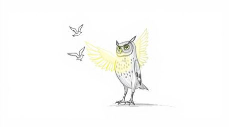 A heartwarming, Pixar-inspired sketch depicts a blind owl with radiant, sunbeam-lit feathers, gently guiding fledgling birds 