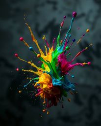 A captivating high-speed photograph captures a vibrant paint splash suspended in mid-air, creating a surreal and unsettling a