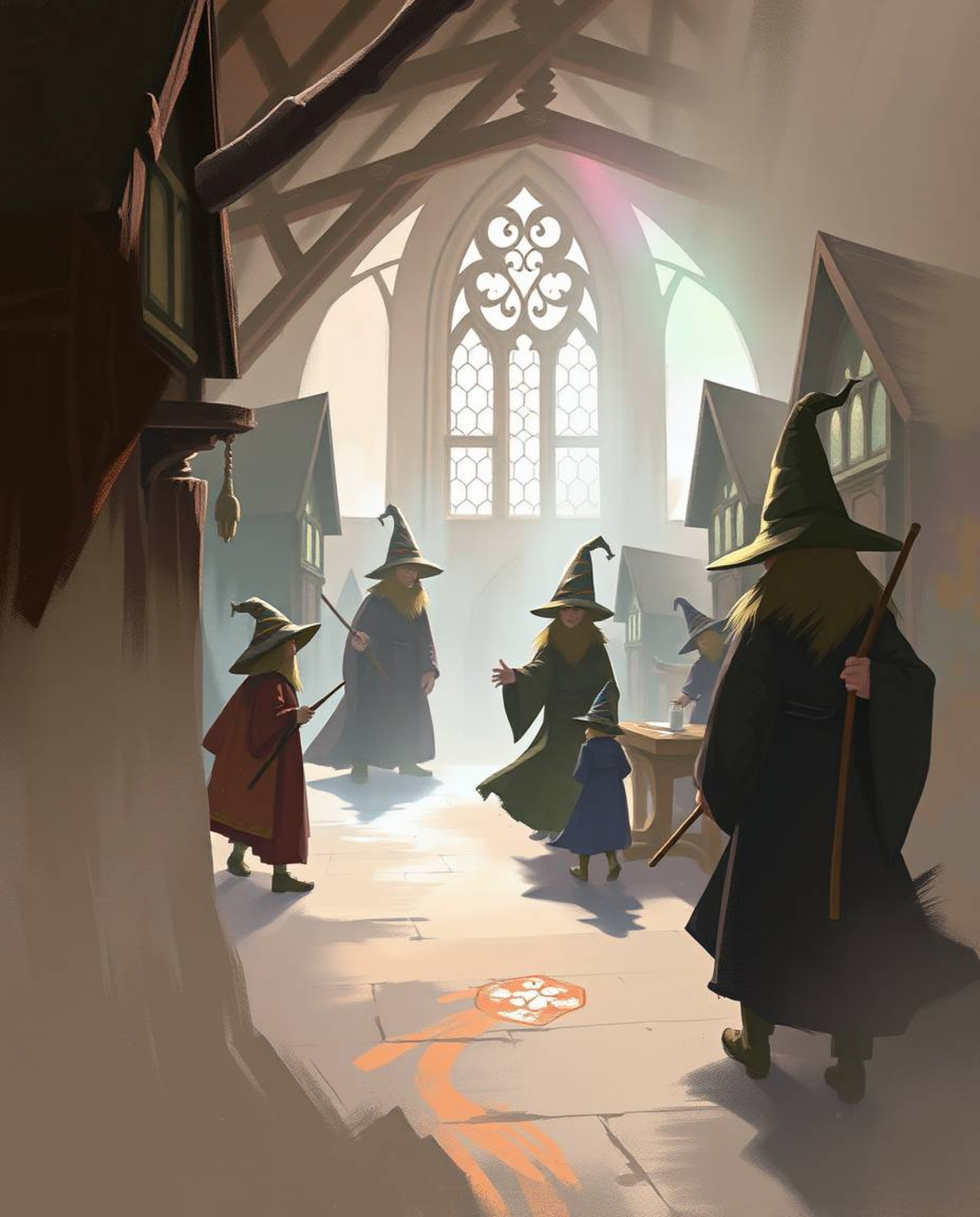 Explore a magical school filled with young wizards through a breathtaking digital sketch, rendered in complementary epic colo