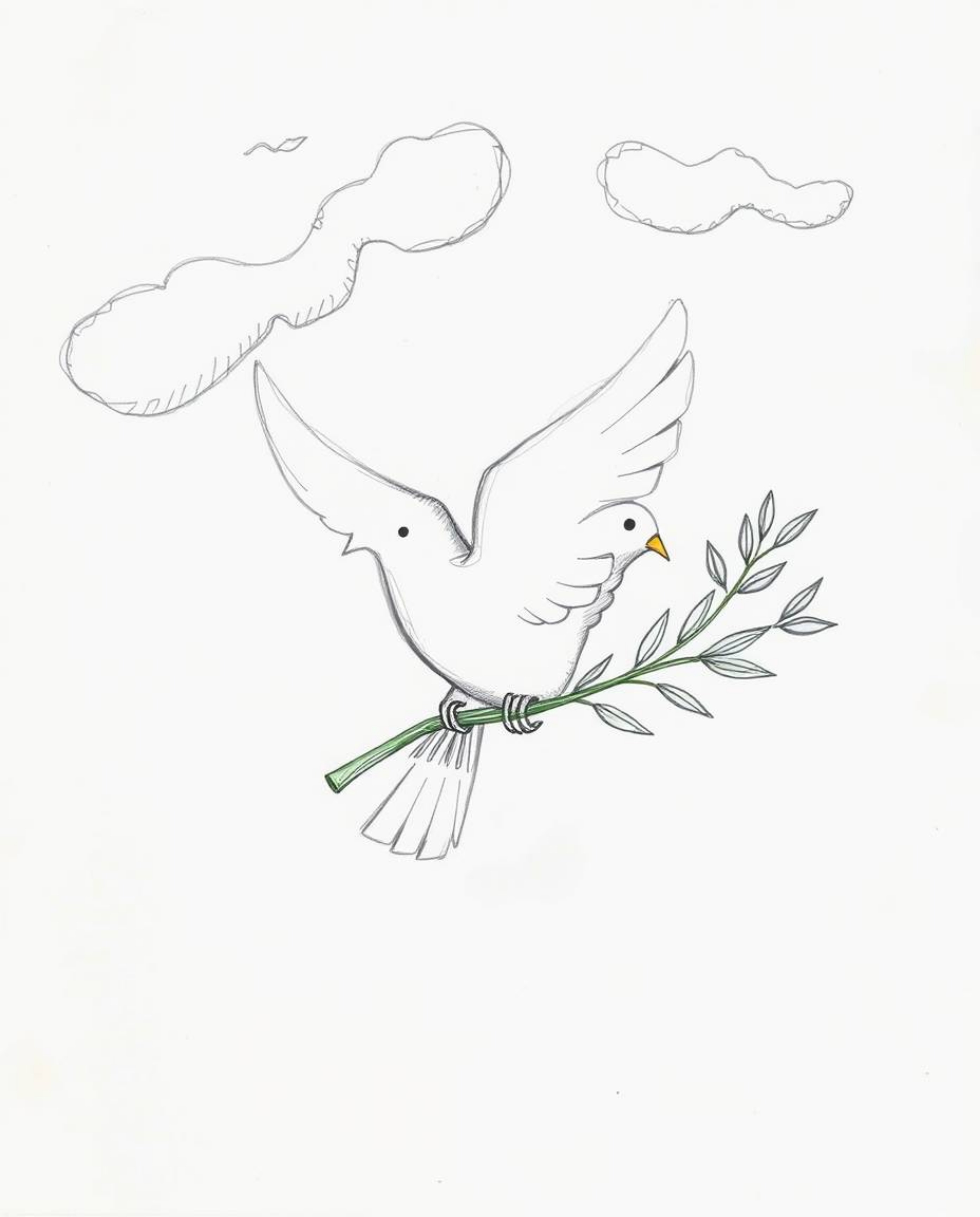 A hand-drawn sketch depicting a dove carrying an olive branch through turbulent, stormy skies evokes a powerful symbol of pea