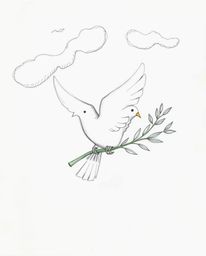 A hand-drawn sketch depicting a dove carrying an olive branch through turbulent, stormy skies evokes a powerful symbol of pea
