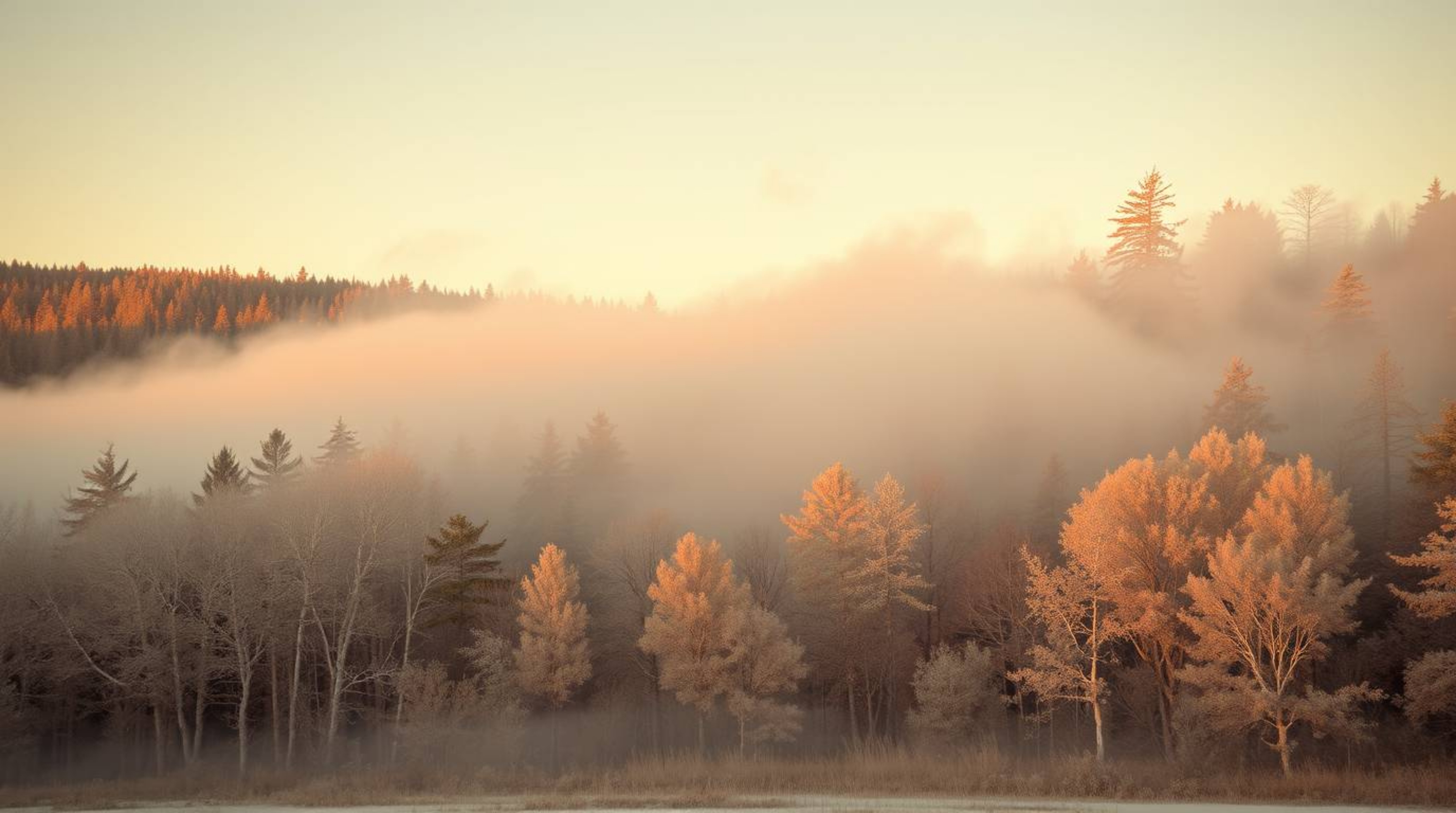 Capture the ethereal beauty of a forest at golden hour with this high-resolution stock photo. Featuring mist rising in the so