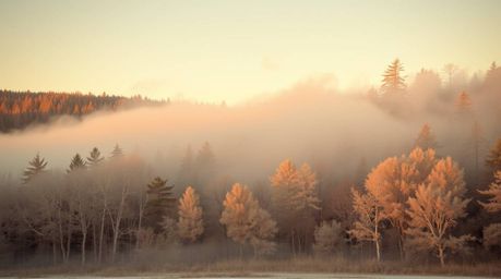 Capture the ethereal beauty of a forest at golden hour with this high-resolution stock photo. Featuring mist rising in the so