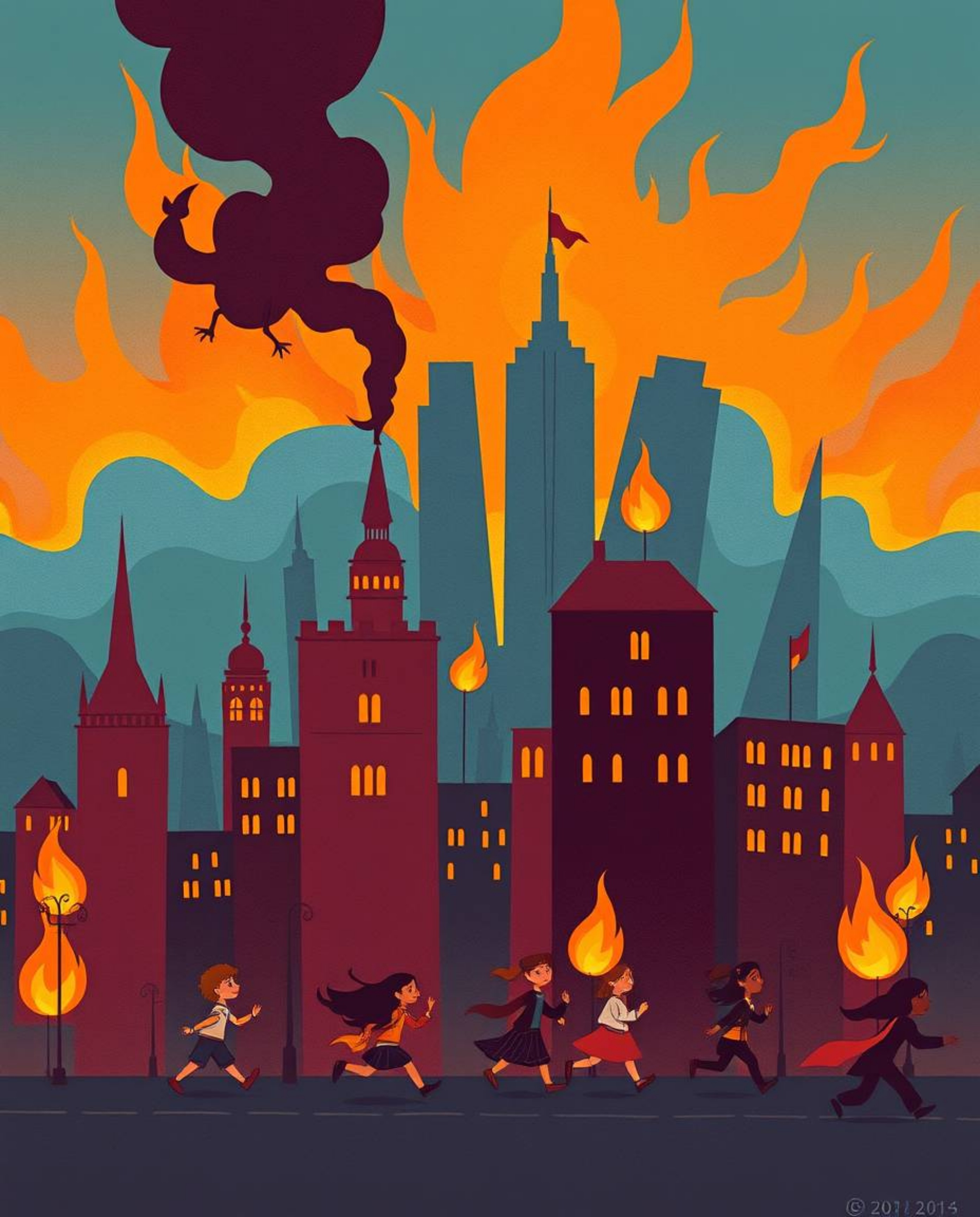 This artwork portrays a city engulfed in flames, with people desperately fleeing. Rendered in rich burgundy and deep blue ton