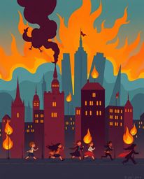 This artwork portrays a city engulfed in flames, with people desperately fleeing. Rendered in rich burgundy and deep blue ton