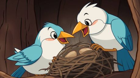 A captivating close-up illustration showcases two charming cartoon birds meticulously constructing their nest. Rendered in a
