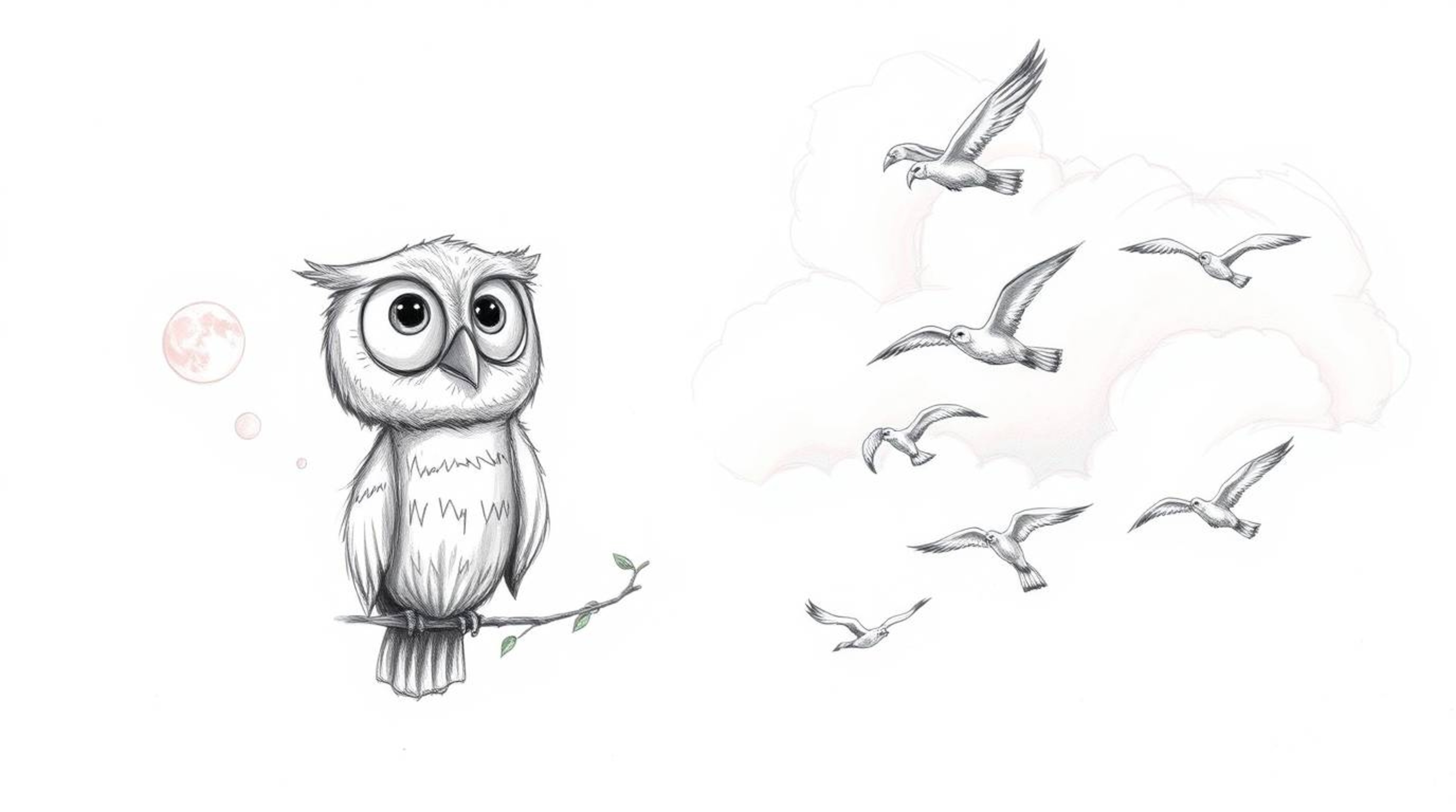 A hand-drawn sketch inspired by Pixar depicts a gentle, blind owl with large, expressive eyes guiding a flock of birds to fly