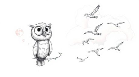 A hand-drawn sketch inspired by Pixar depicts a gentle, blind owl with large, expressive eyes guiding a flock of birds to fly
