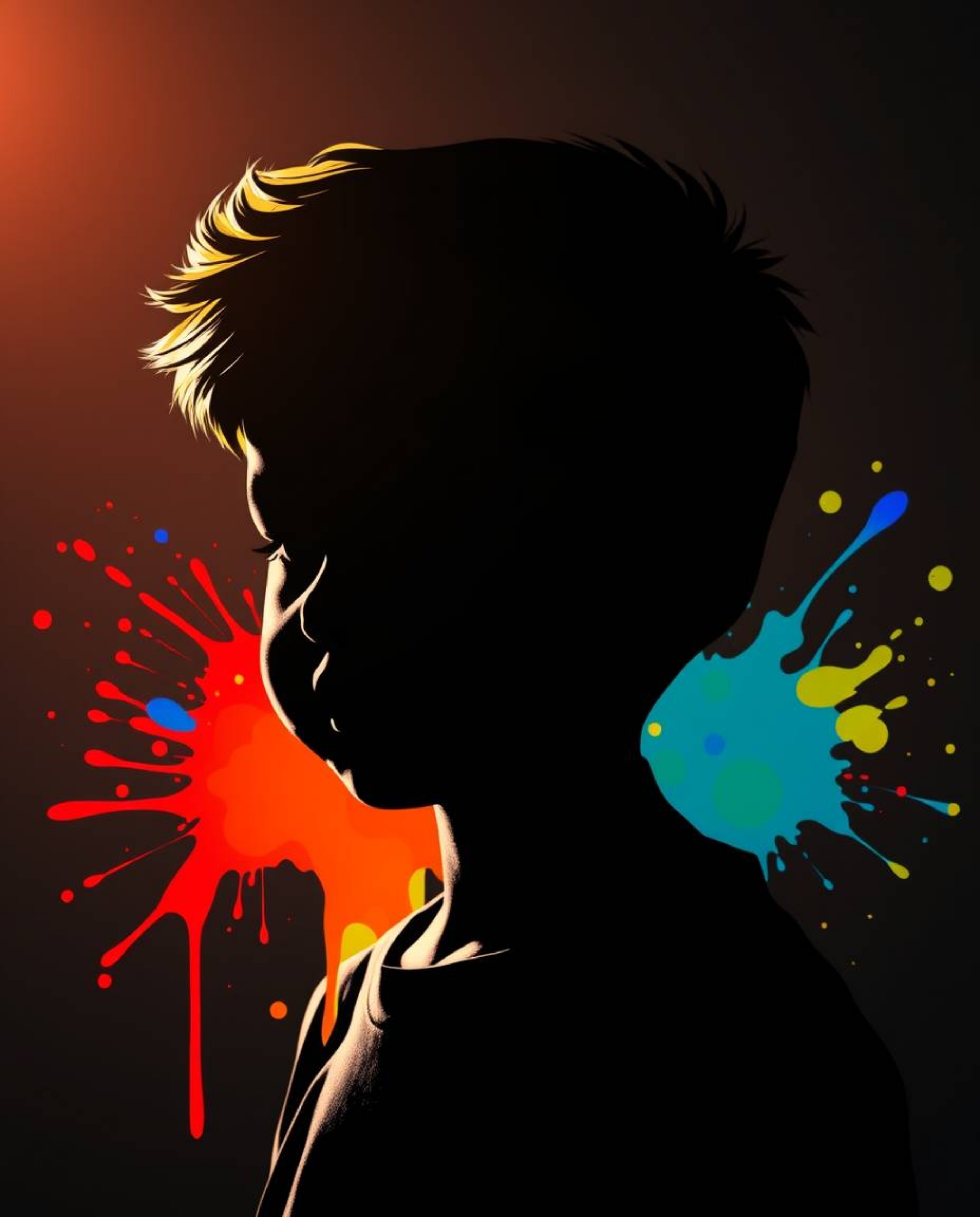 Intense dramatic lighting highlights colorful splash patterns, forming an adorable and cute human silhouette in a modern art 
