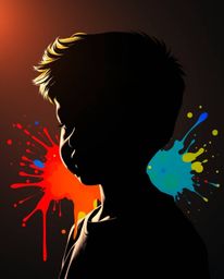 Intense dramatic lighting highlights colorful splash patterns, forming an adorable and cute human silhouette in a modern art 