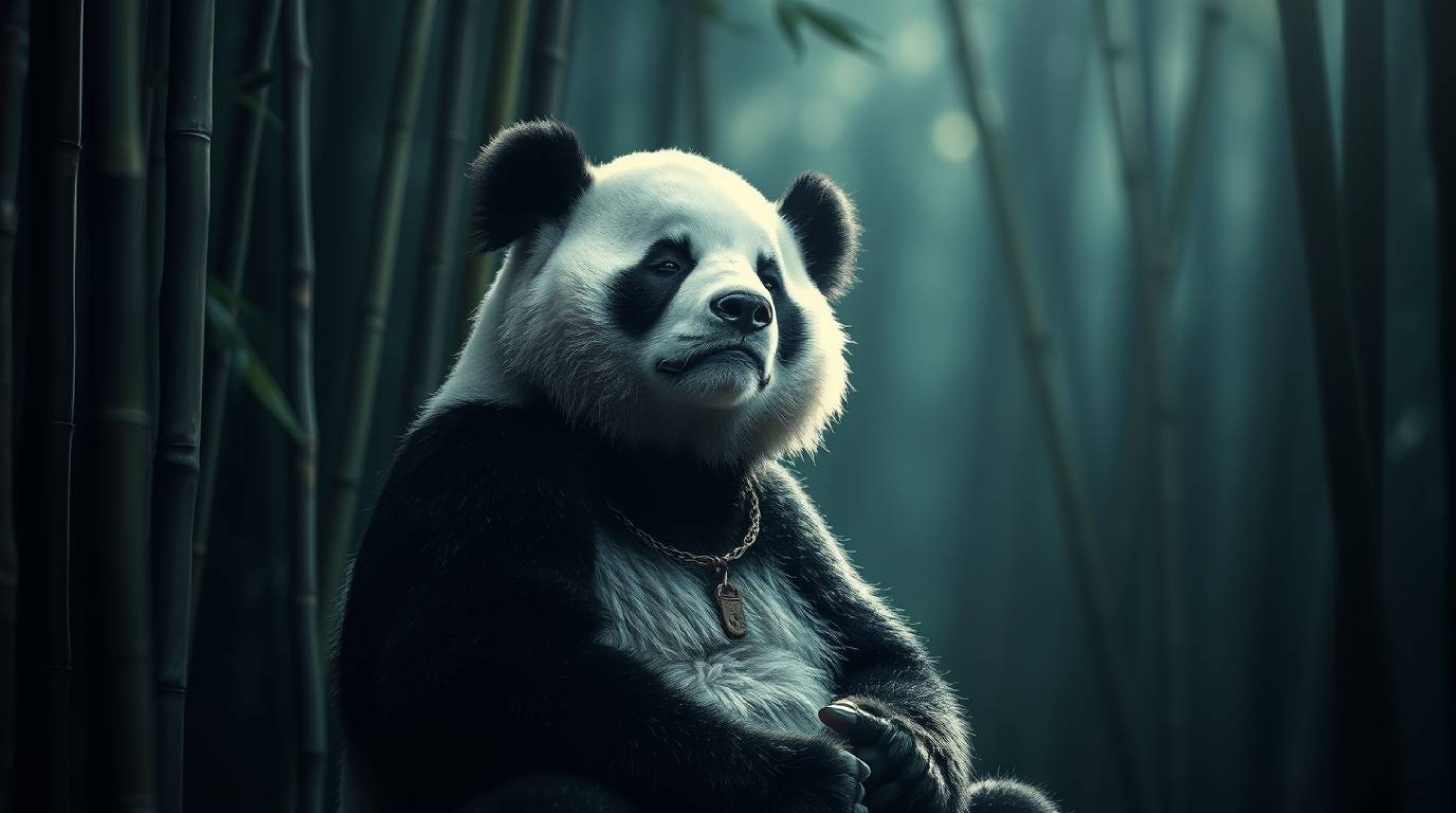 A serene martial artist panda meditates amidst a lush bamboo forest.  The image features high-contrast, low-key lighting with