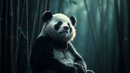 A serene martial artist panda meditates amidst a lush bamboo forest.  The image features high-contrast, low-key lighting with