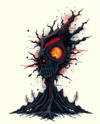 This symbolic traditional tattoo art print features an eerie and creepy atmosphere with a digital glitch landscape breaking a