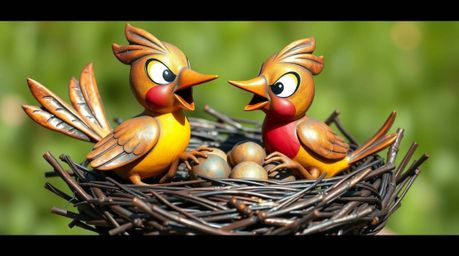 This bronze sculpture depicts two cartoon birds building a nest, crafted in a classic animation style.  The vibrant antique p