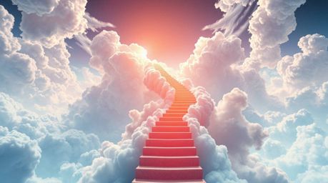 An adorable and cute futuristic sci-fi image depicts a winding stairway of smoke and light ascending into a vast, cloudy sky.