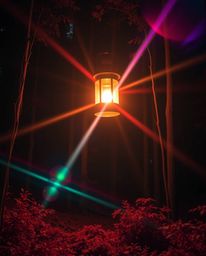 A vibrant and surreal image of a glowing lantern illuminating a dark forest, captured with unique infrared tones and a bright