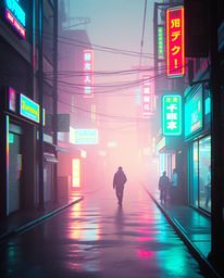 A dreamy, pixelated glitch art image depicting a cyberpunk street scene.  Neon haze and soft lighting create a vibrant, yet s