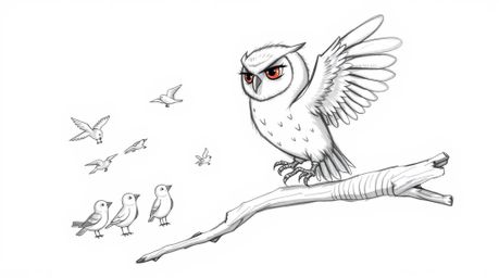 A heartwarming hand-drawn sketch in the style of Pixar features a blind owl with soft, gentle features patiently teaching a f