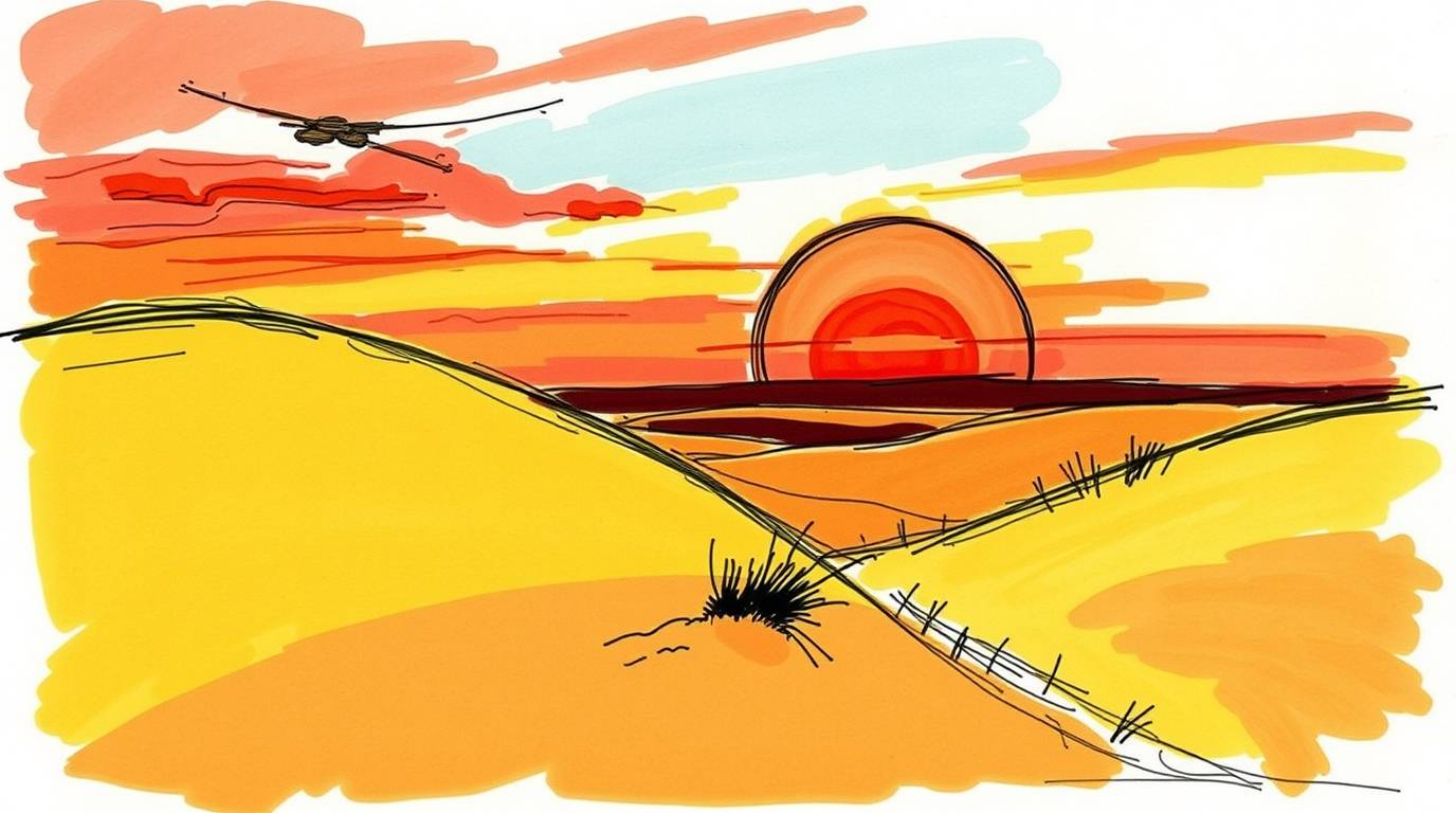 Experience the beauty of a sunset over golden desert dunes in this color sketchnote style hand-drawn sketch.  Warm tones of r