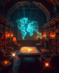 A captivating image showcasing a heroic and majestic composition: a glowing map projected in an old study.  The scene is futu