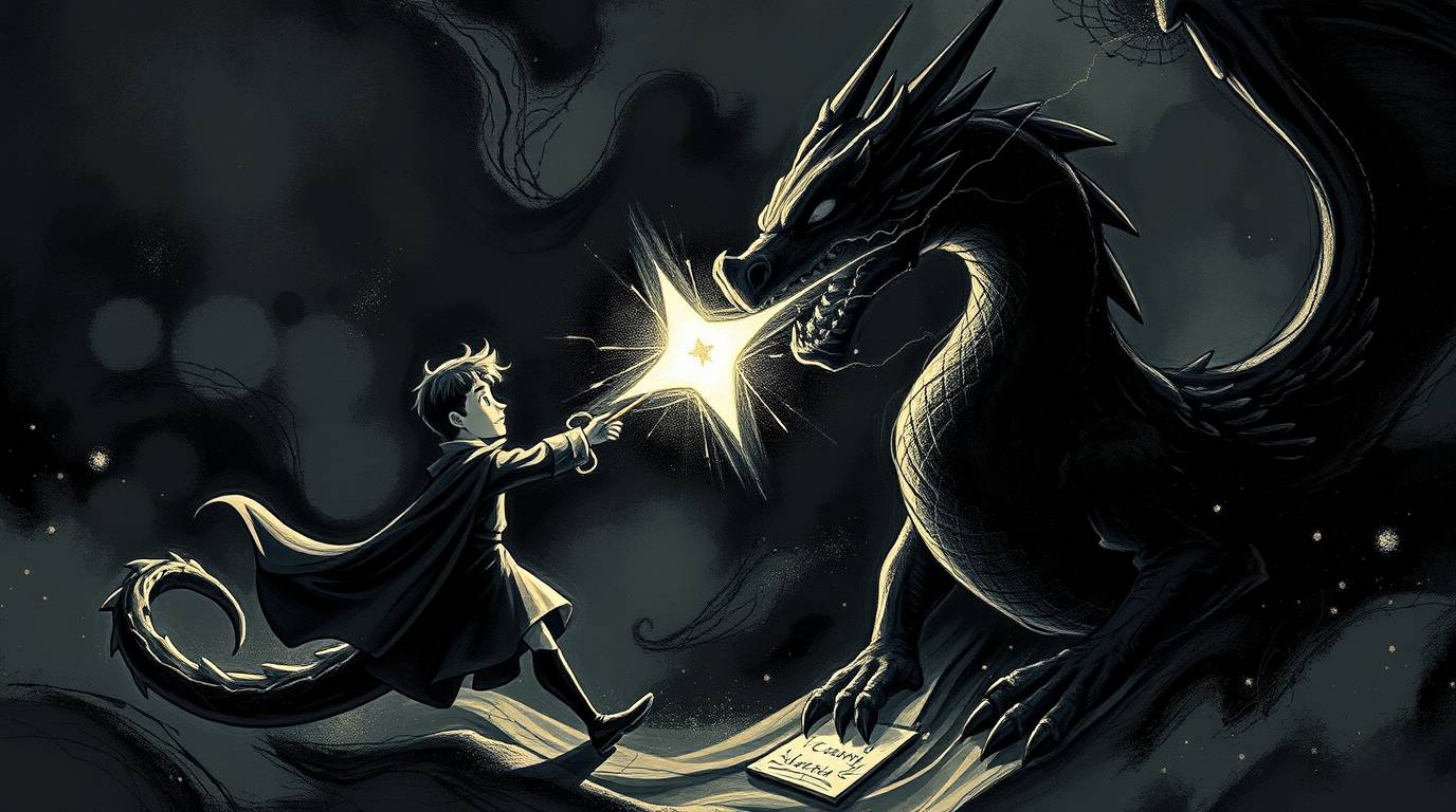 A charming prince, radiating a gentle light, battles a fearsome dragon in a captivating 1950s animation style.  The artwork i