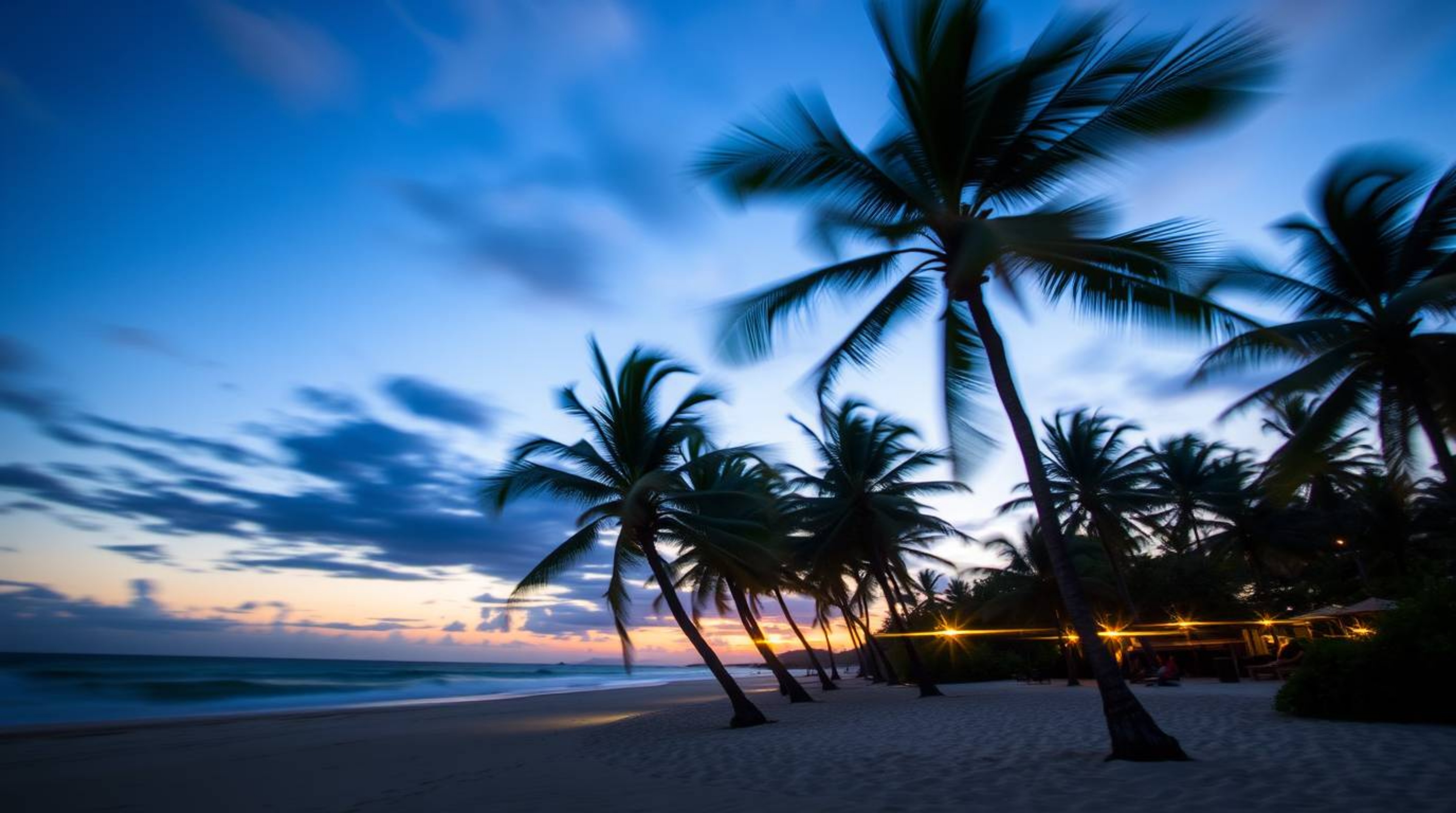 A captivating long exposure photograph showcases a vibrant tropical beach sunset.  The image beautifully captures the swaying