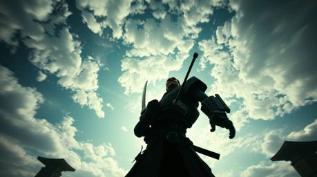 A captivating low-angle shot portrays a samurai fiercely battling a robot within a dystopian world. Artistic lighting casts a