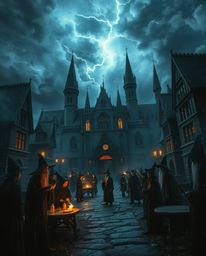 Immerse yourself in a magical school brimming with young wizards, set against a backdrop of stormy skies that evoke an eerie 