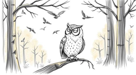 A charming hand-drawn pencil sketch in a Pixar style depicts a blind owl with soft, detailed feathers patiently teaching bird