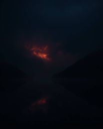 A photograph depicting the reflections of fiery clouds in a mountain lake, enveloped in intense jet black and thick fog. The 