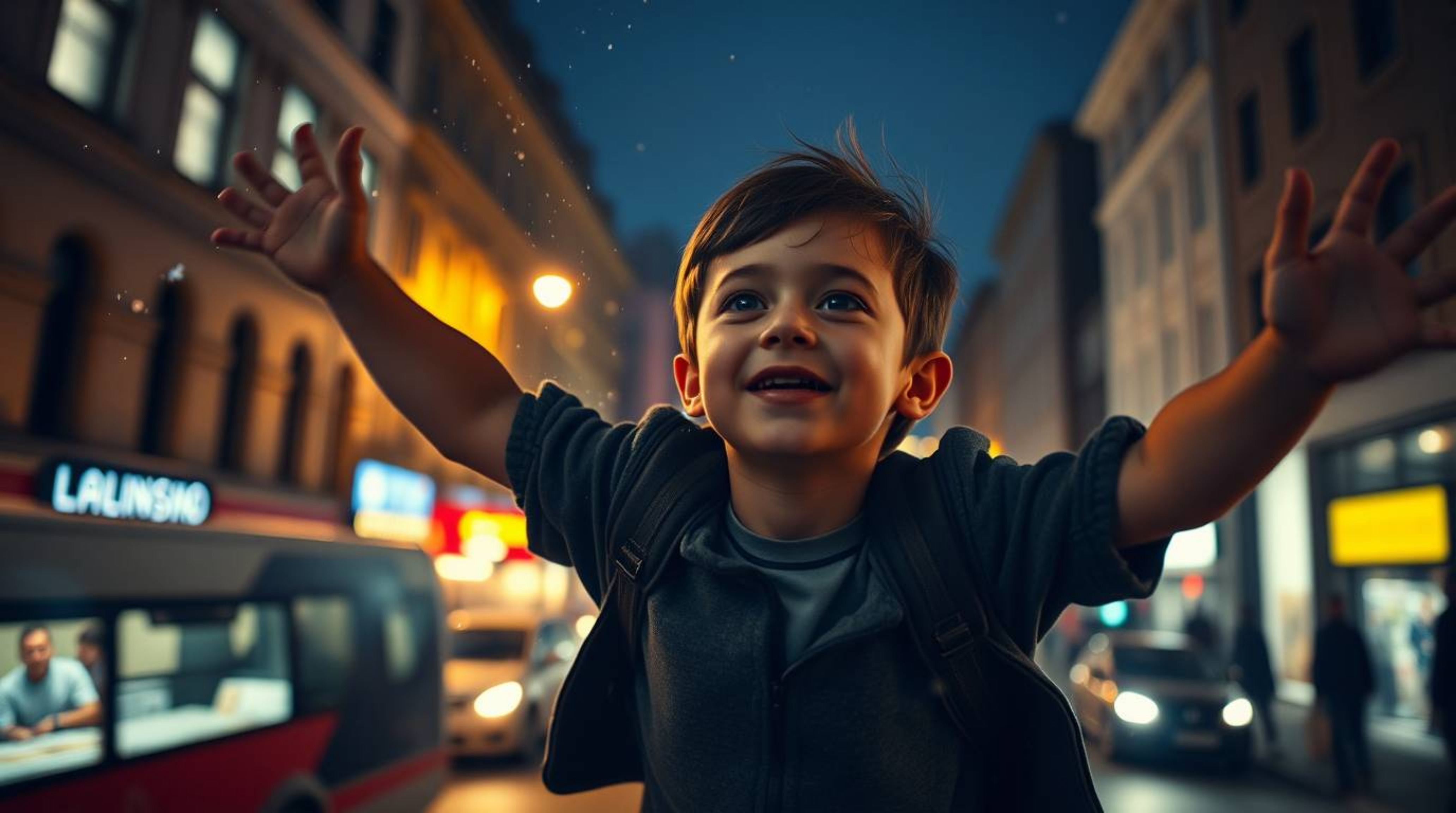 A captivating street photography shot capturing a young boy with light skin seemingly flying above London with the aid of pix