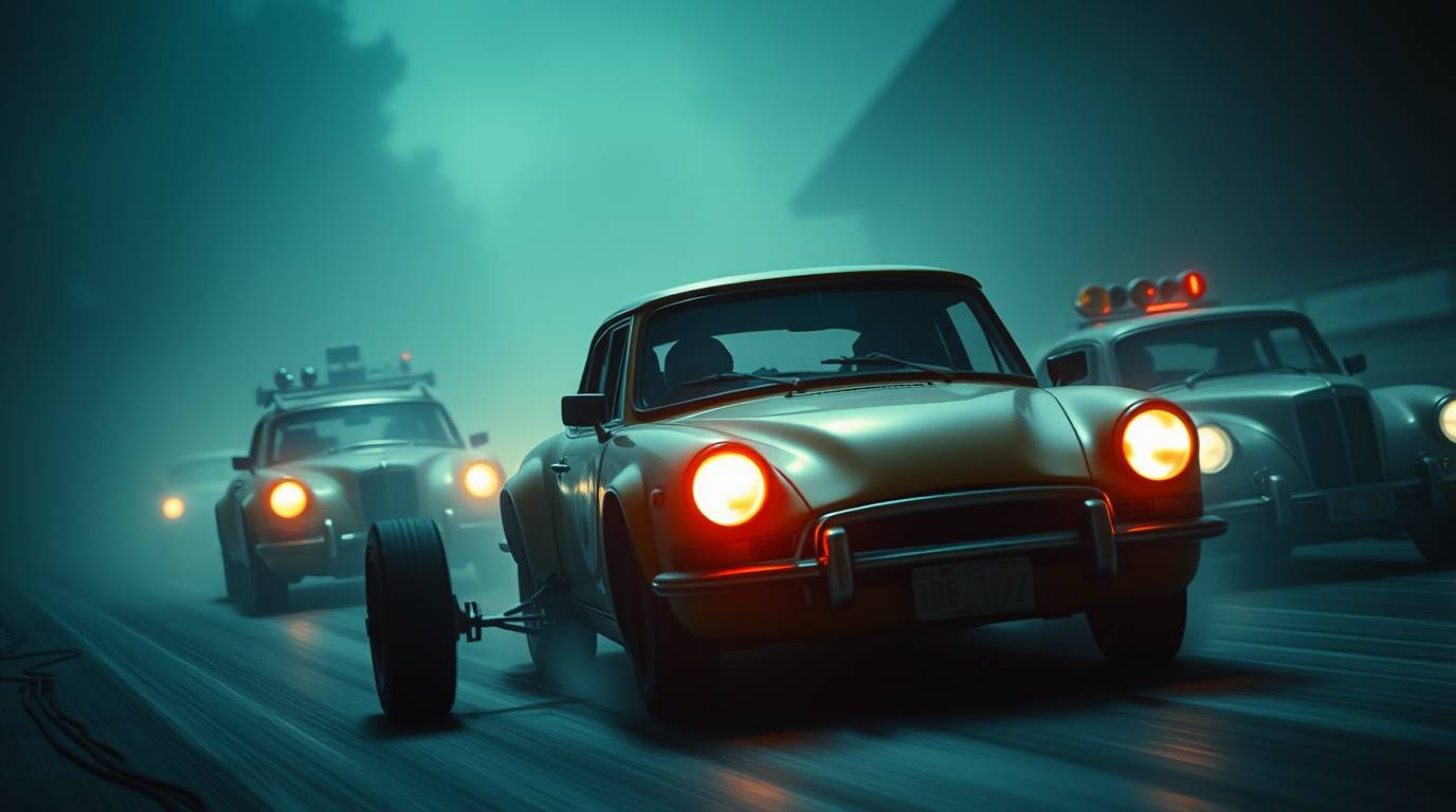 Experience a wacky and unsettling racing scene with outlandish cars, all rendered in dark tones with unsettling details. The 