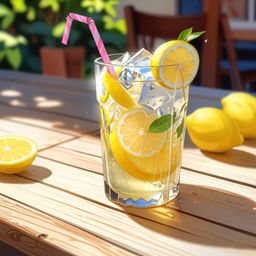 Enjoy the simple pleasure of a tall glass of lemonade, complete with ice cubes and a vibrant lemon slice. This refreshing su