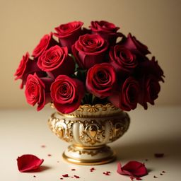 A luxurious bouquet of velvety red roses, displaying subtle color variations, is carefully arranged in an antique vase adorne