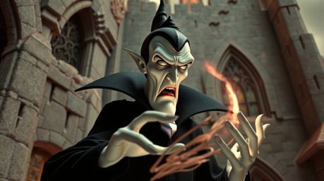 A classic Disney villain, with sharp features and pale skin, casts a spell within an ancient stone castle. The scene is rend