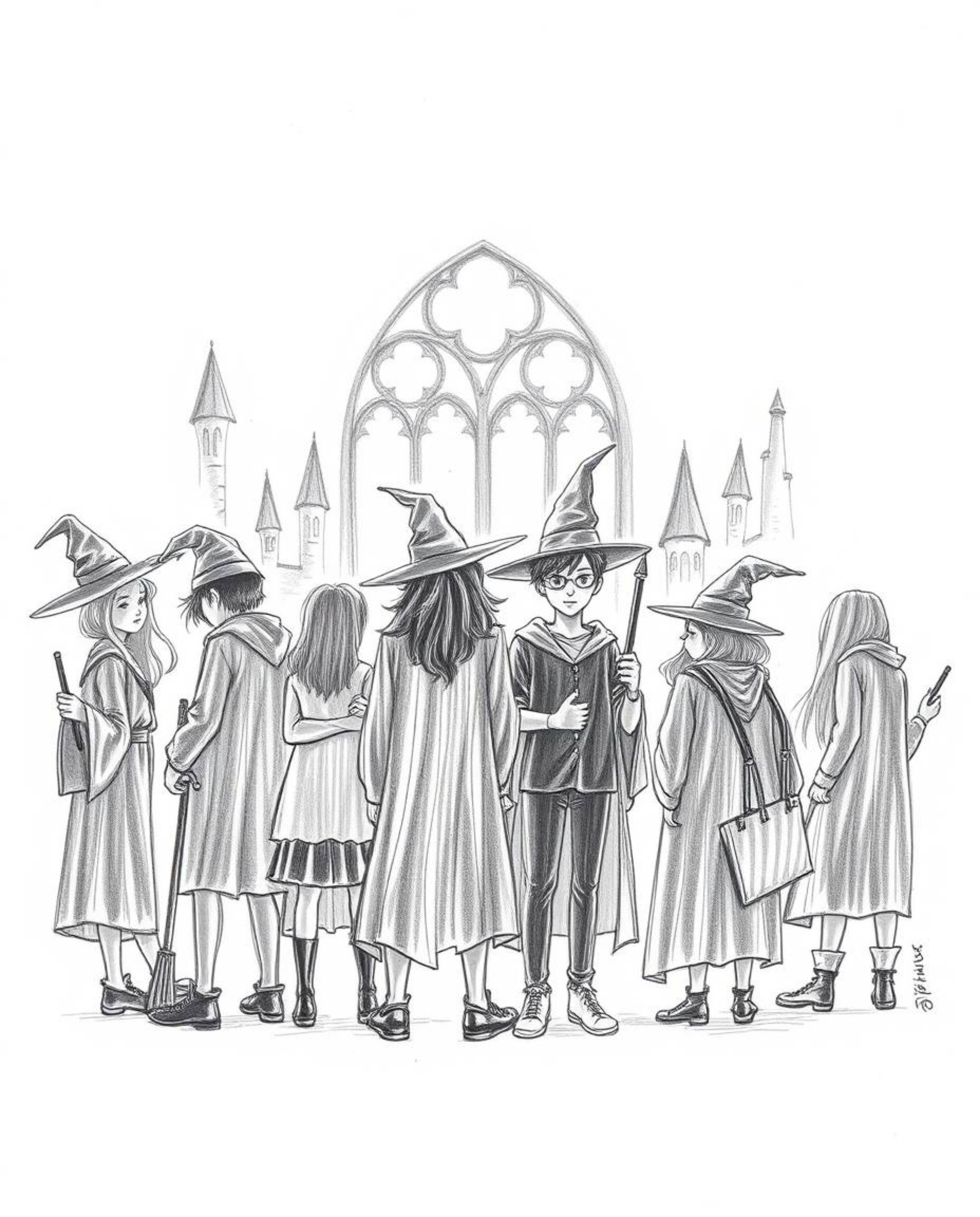 This captivating hand-drawn sketch depicts silhouetted young wizards at a magical school, utilizing strong backlighting to cr