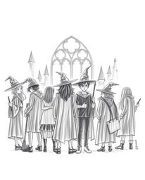 This captivating hand-drawn sketch depicts silhouetted young wizards at a magical school, utilizing strong backlighting to cr