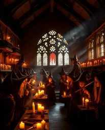 Discover captivating imagery of a magical school brimming with young wizards.  The artwork features a distinct split composit