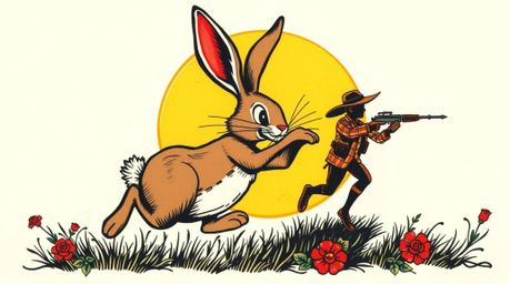 A vibrant and quirky traditional tattoo art print showcasing a wacky rabbit comically outrunning a hunter, silhouetted agains