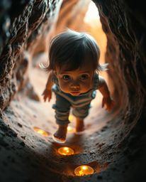 A tight close-up shot showcasing iridescent colors captures a child with a curious expression as they follow glowing footstep