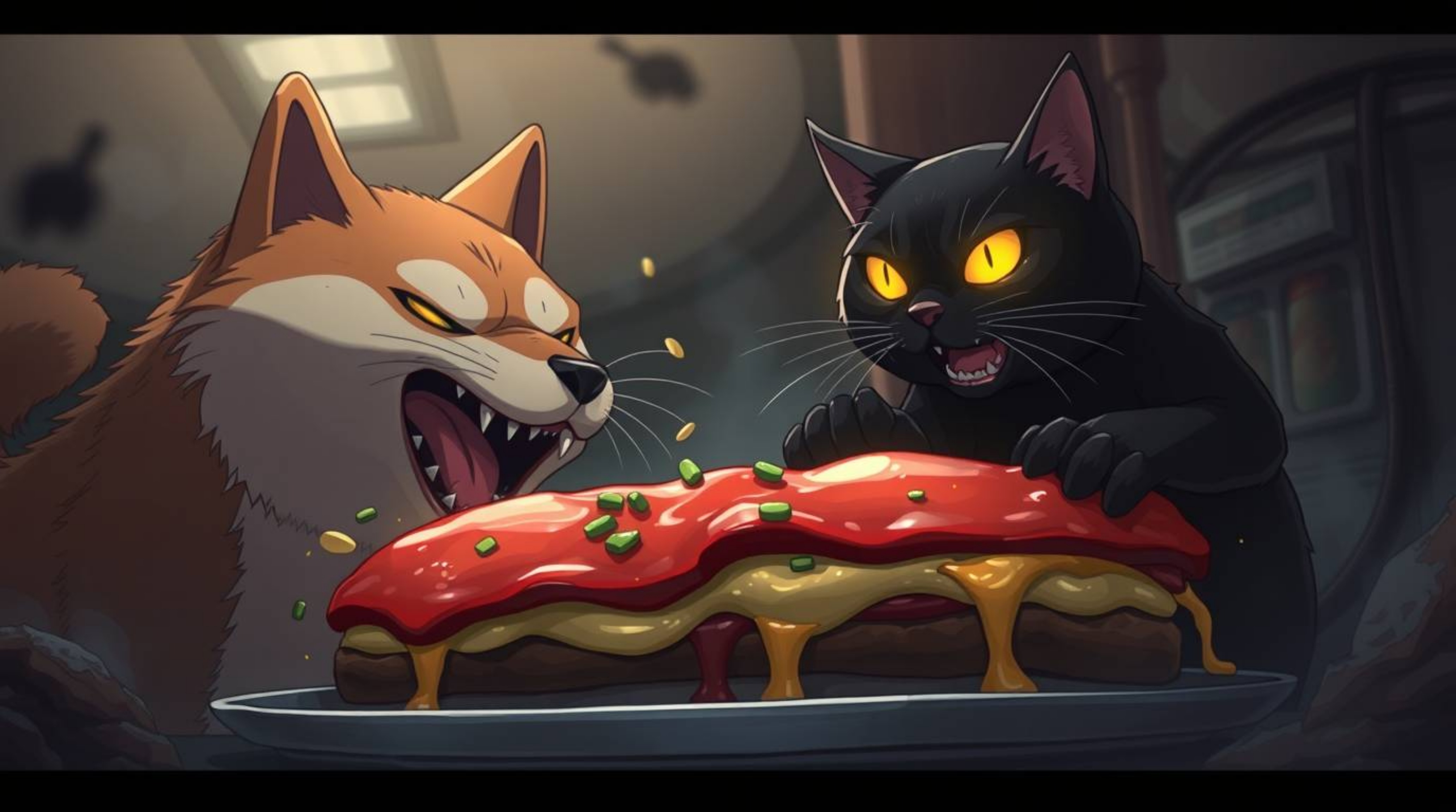 Immerse yourself in an eerie and unsettling isekai anime atmosphere where a Shiba Inu and a black cat with glowing eyes fierc