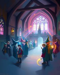 A captivating digital painting showcases a magical school brimming with young wizards.  The artwork is characterized by vibra