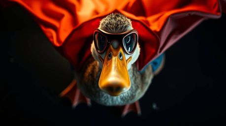 Experience a unique bird's-eye view of a duck donning a zany superhero costume, bathed in intense dramatic lighting and high 