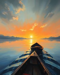 A classic oil painting masterfully captures a sharply focused boat drifting on a sunset lake. The artist employs a soft, blur
