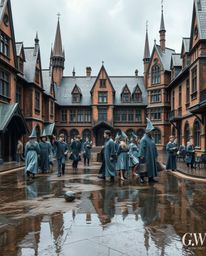 Discover a captivating bronze sculpture depicting a magical school for young wizards.  Rendered in a wet rainy scene, this ar