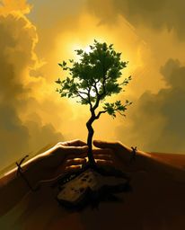 A dynamic digital sketch showcases hands planting a tree beneath a misty, golden sky.  Painted with loose, painterly strokes 