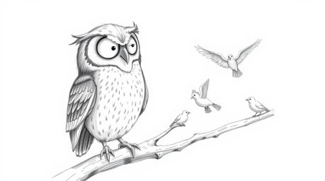 A charming Pixar-inspired sketch depicts a blind owl, rendered with textured pencil strokes on a clean white background. This